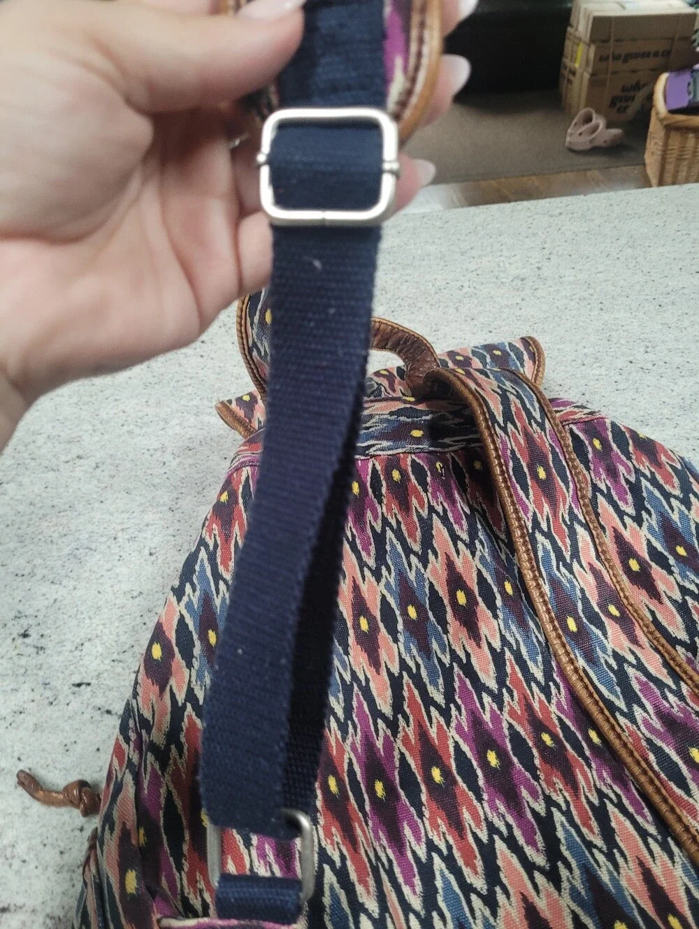 Canvas Backpack Aztec Print Cape Juby Navy Brown Pink